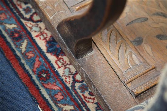 A 17th century oak Wainscot chair, W.2ft 2in. H.3ft 8in. incorporating later timbers